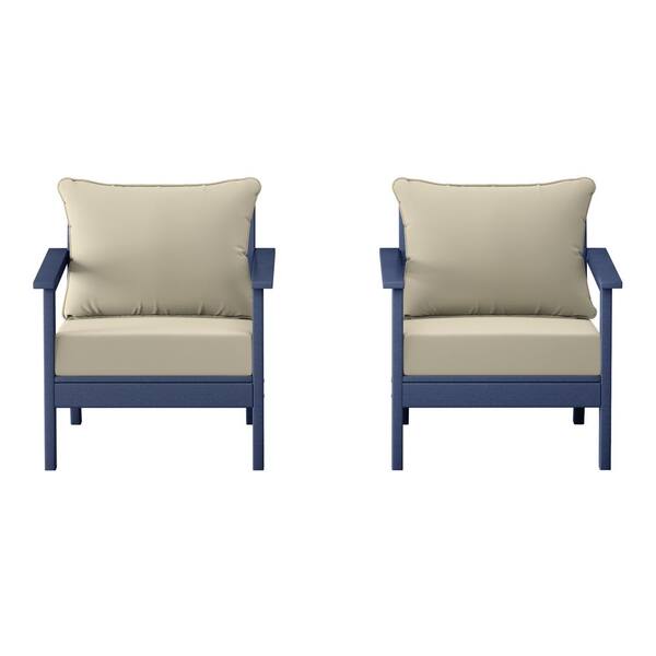 Birchwood Navy Blue Outdoor Patio (Set of 2) Deep Seating HDPE Lounge Chairs w/ Beige Cushions