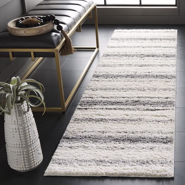 Border and Stripe Shag 2 ft. x 8 ft. Ivory/Gray Faded Striped Runner Rug