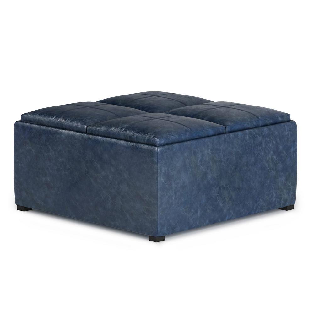 Avalon Denim Blue Square Storage Ottoman with Flip Trays