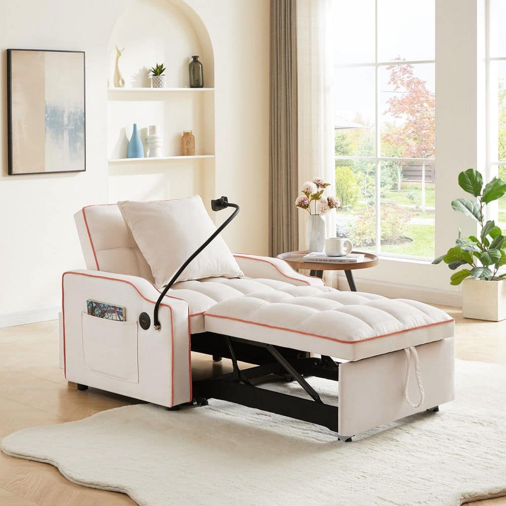 Pierce 33.85 in. Square Arms Velvet Rectangle Convertible Pull-Out Sofa Bed in Beige with USB Port, Adjustable Back price history on PriceWatchPro