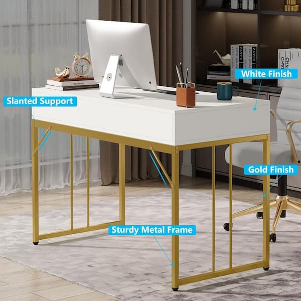 47 Modern Rectangular White Writing Desk with Gold Metal Base Wooden Home Office Desk with Drawer