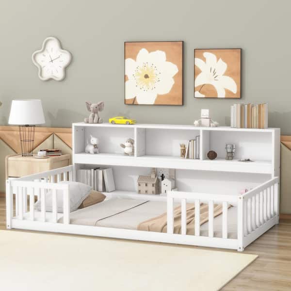Harper & Bright Designs White Wood Frame Twin Size Platform Bed with Bedside Bookcase, Shelves, Fence Guardrails