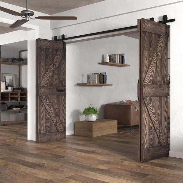 COAST SEQUOIA INC Coast Sequoia 60in. X 84in. Embossing Kona Coffee Knotty Wood Bi-Fold Barn Door With Sliding Hardware Kit