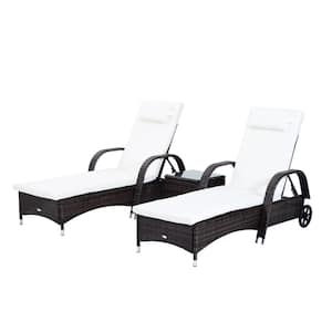 Brown 3-Piece Plastic Rattan Wicker Adjustable Outdoor Chaise Lounge Chair with Wheels for Easy Moving and White Cushion
