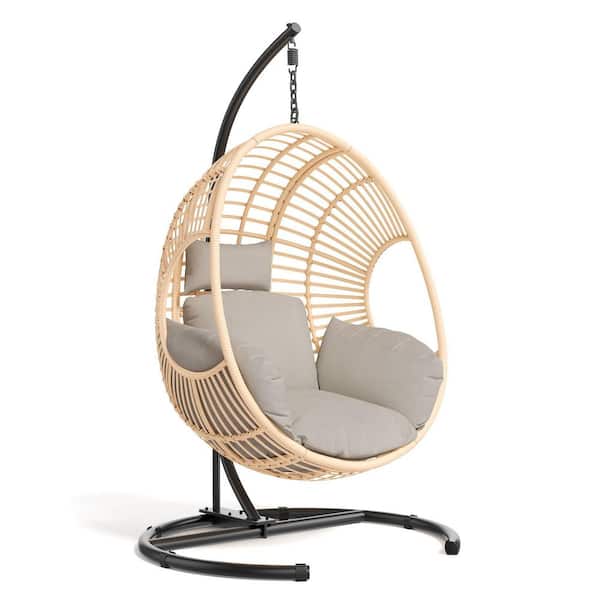 42 in. Freestanding Hanging Natural Egg Chair, 400 lbs. Outdoor Swing with Cushion, Weatherproof Rattan and Cover