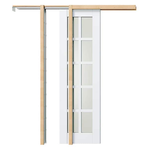 48 in. x 80 in. 10-lite, Frosted Glass, Solid Core, DIY Painted, White Primed, MDF Sliding Door with All Hardware