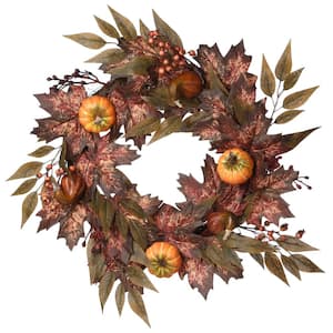 24 in. Artificial Autumn Wreath with Ivy, Berries, Pumpkins