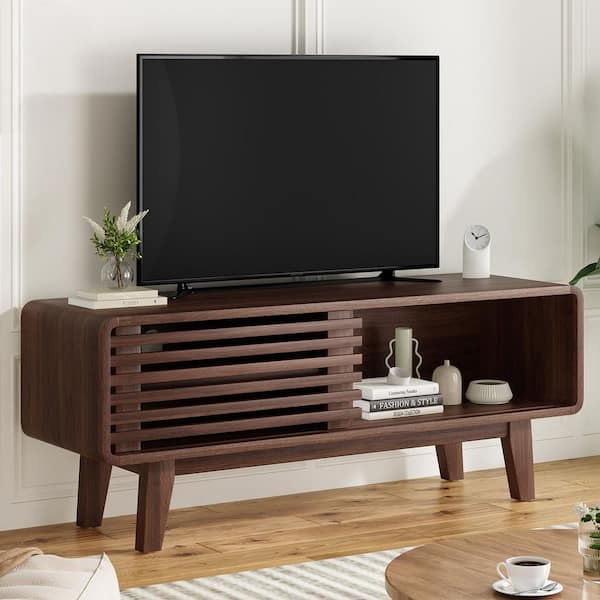 Walnut 46 in. TV Stand for Up to 59 in. TVs with Sliding Doors and Storage