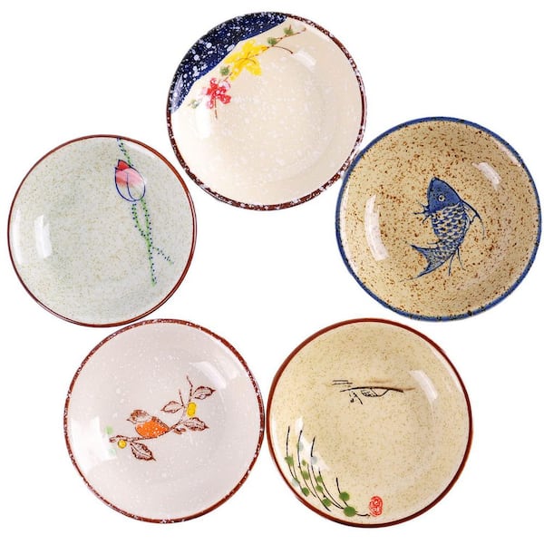 Set of 5 Porcelain Japanese Style Ceramic Side Dishes with Retro Floral and Animal Patterns 4 in Diameter