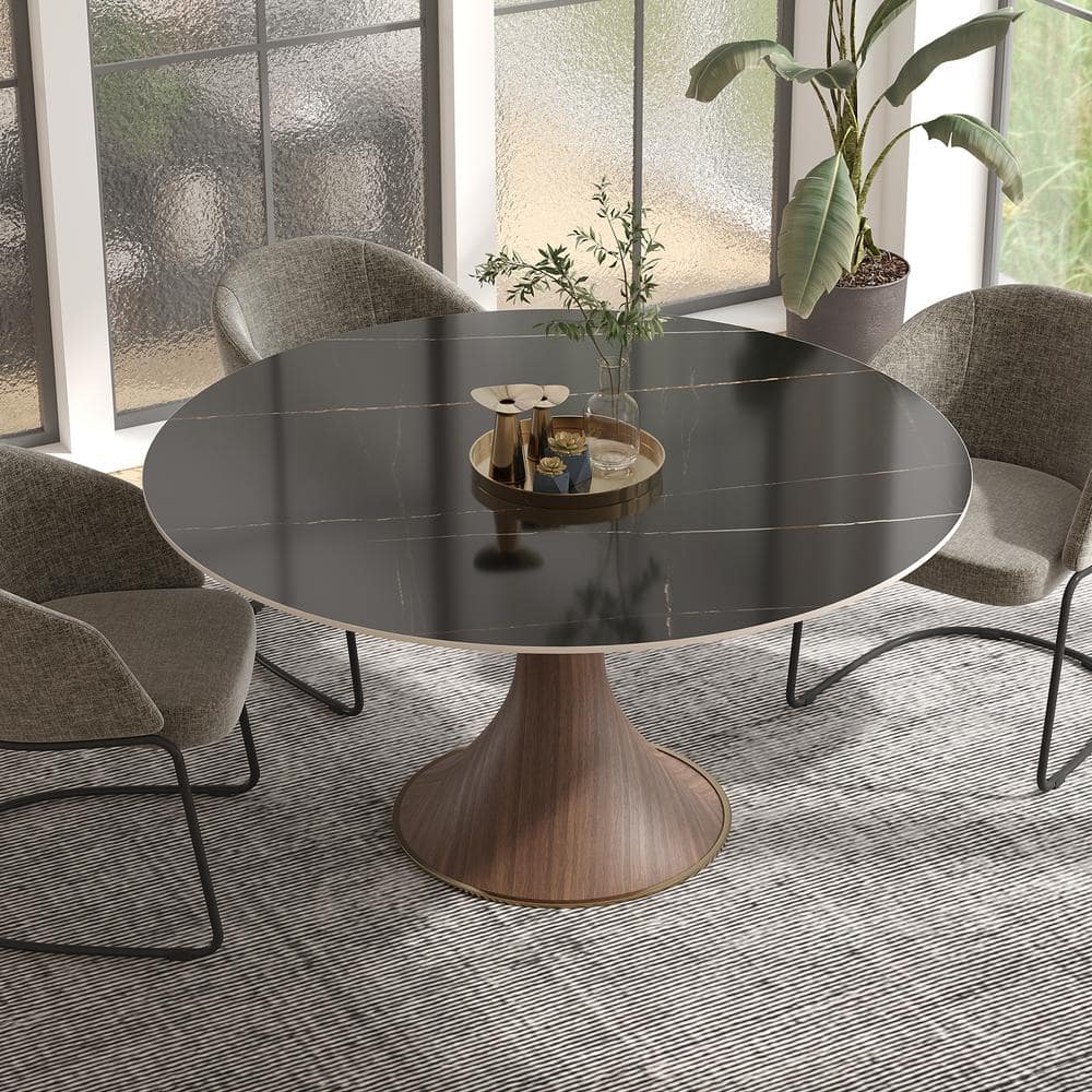 Modern Round Black Lauren Black Gold Stone Top 53.15 in. Black Woodgrain Pe