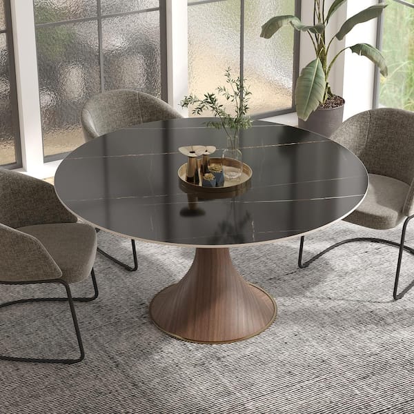 Lesly Modern Round Black Lauren Black Gold Stone Top 53.15 in. Black Woodgrain Pedestal Dining Table (Seats-4)