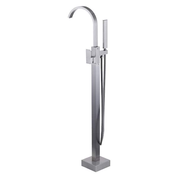 AVITAS Single-Handle Waterfall Floor Mount Freestanding Tub Faucet Bathtub Filler with Hand Shower in Brushed Nickel
