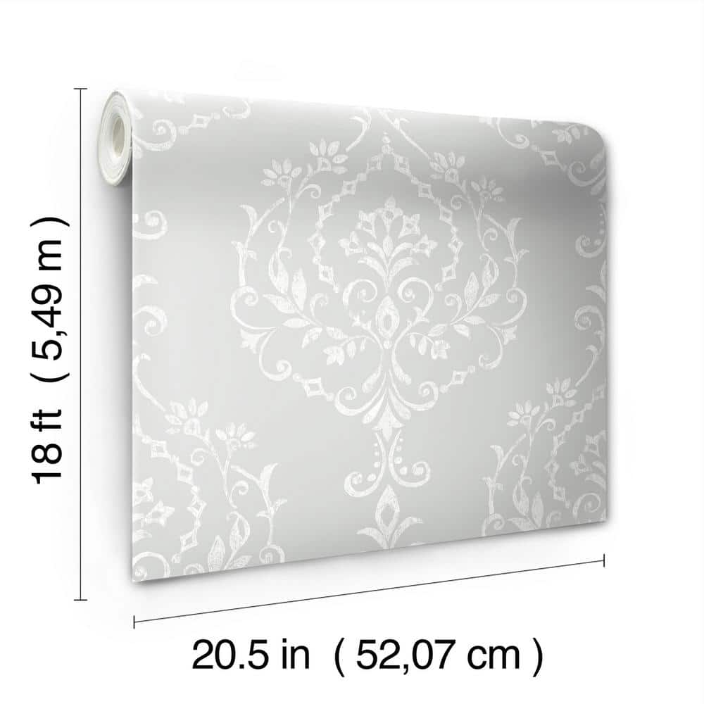 Grey Damask Self-Adhesive Repositionable Wallpaper Roll