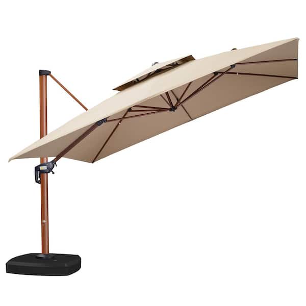 PURPLE LEAF 10 ft. Square Sunbrella All-aluminum Square 360-Degree Rotation Wood Pattern Cantilever Outdoor Patio Umbrella in Beige