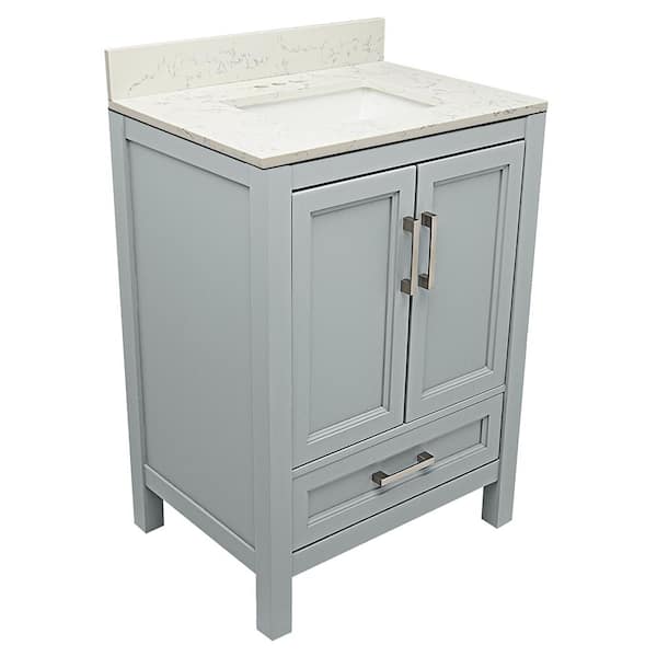Amluxx Salerno 25 in. W x 19 in. D Bath Vanity in Grey with Quartz Stone Vanity Top in Lyra White with White Basin