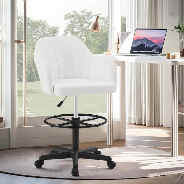 VECELO Premium PU Swivel Drafting Chair with Adjustable Height and Lumbar Support for Home Office Office Stool, White