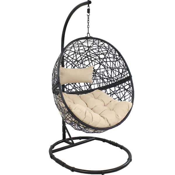 Sunnydaze Decor Jackson Cream Hanging Egg Chair with Cushions and Stand Set