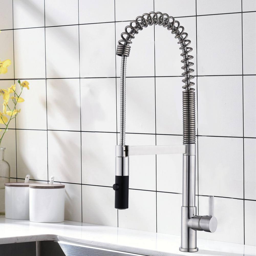 Magic Home Spring High Arc Single-Handle Pull-Out Sprayer Kitchen Faucet with Swivel Spout in Brushed Nickel, Brushed Niickel -  MS-K1902-BN