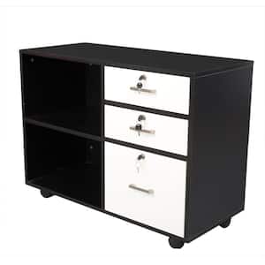 Black and White Wood Mobile File Cabinet with 3-Drawer and 2-Open Shelves