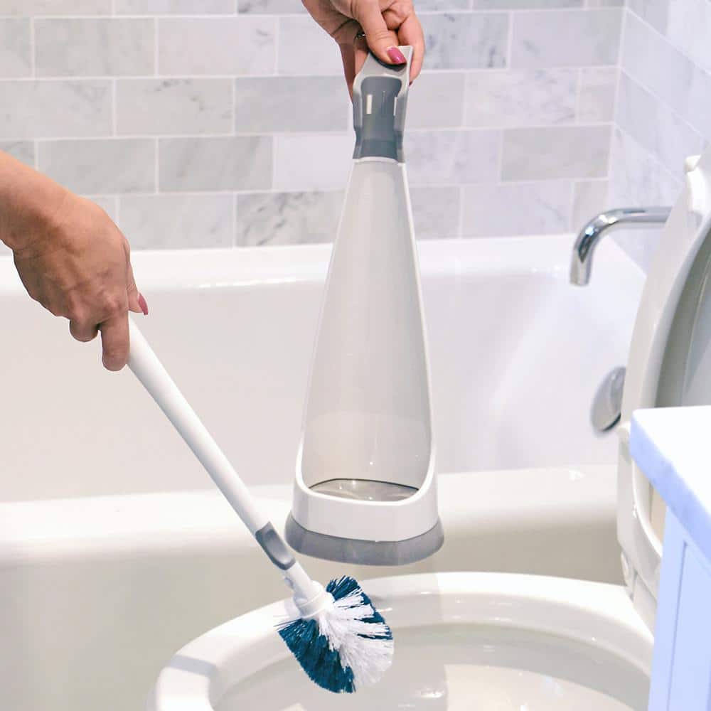 White and Gray No-Drip Toilet Brush Set with Caddy