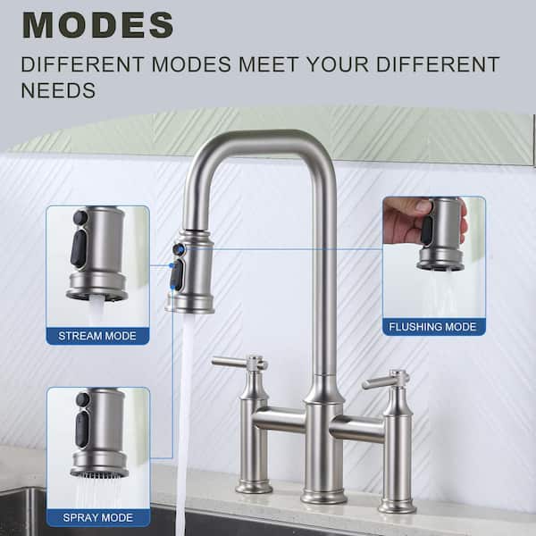 Brass Double Handle Bridge Kitchen Faucet with 3-Mode Pull-Down Sprayer and 1 or 3-Hole Install in Brushed Nickel