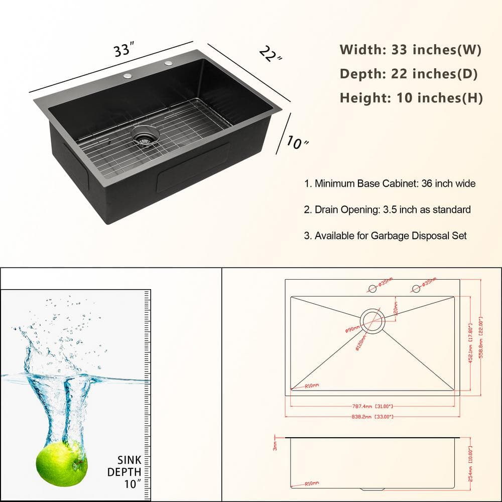 Gunmetal Black 33" Double Bowl Farmhouse Stainless Steel Sink