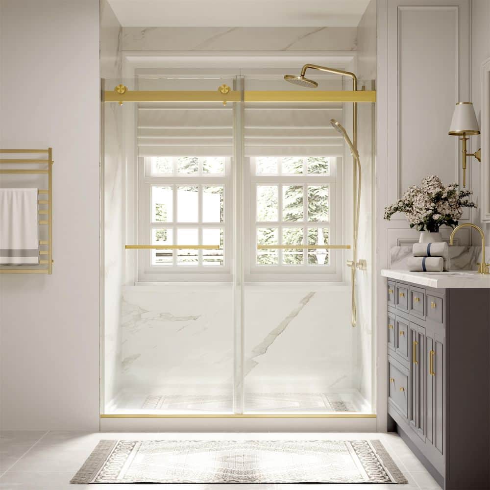 Modern 60 in. W x 74 in. H Double Sliding Frameless Shower Door in Brushed Gold Finish with 5/16 in. (8mm) Clear Glass price history on PriceWatchPro
