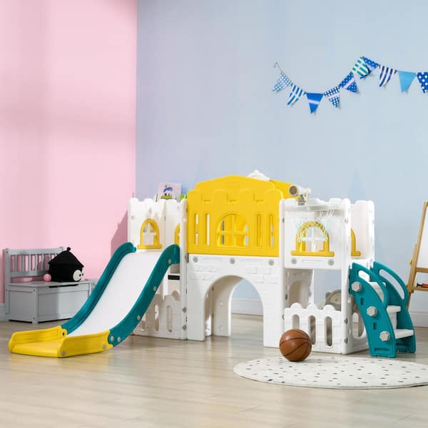 Indoor Slide Playset with Basketball Hoop, Climber