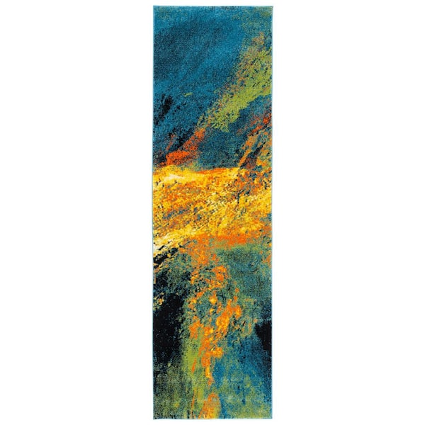 Galaxy 2 ft. x 8 ft. Blue/Yellow Abstract Runner Rug