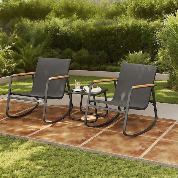 3-Piece Black Metal Patio Conversation Set with Coffee Table, Striped Wood-Plastic Armrests, Teslin Chair Backs