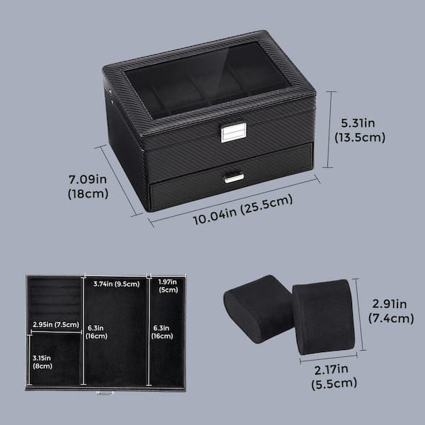 Watch Box for Men with Drawer 8 Slot All Black Glass Jewelry