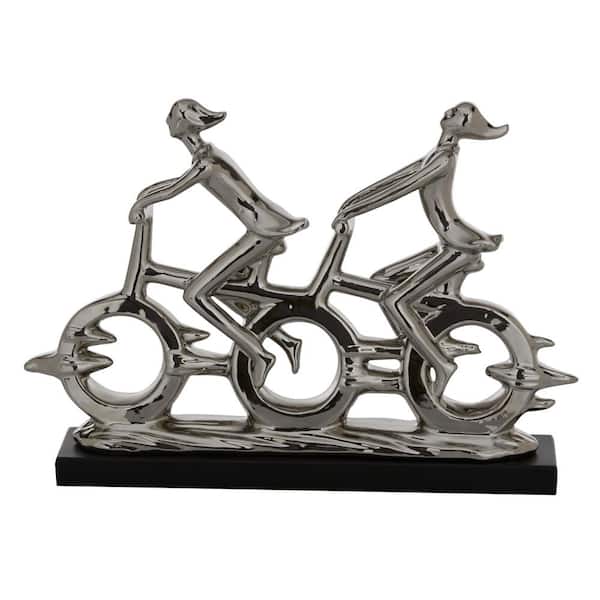 Litton Lane 3 in. x 13 in. Silver Polystone People Sculpture with Bike