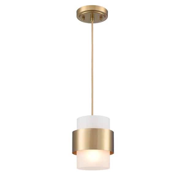 60 Watt 1 Light Gold Finished Shaded Pendant Light with Frosted glass Glass Shade and No Bulbs Included