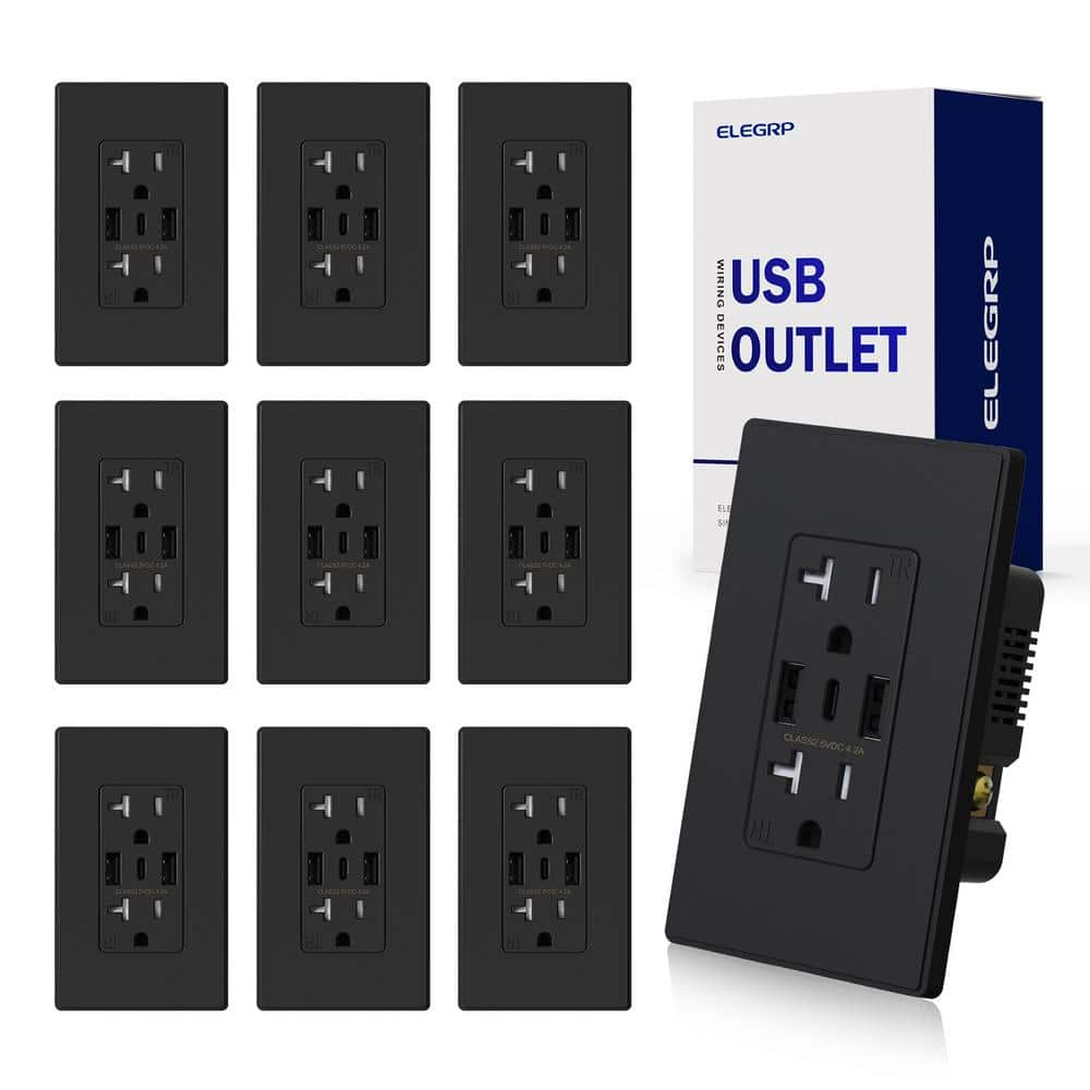 ELEGRP 21W USB Wall Outlet W Dual Type A And Type C USB Ports 20 Amp   Black Outlets Er42aac20 0210 64 1000 