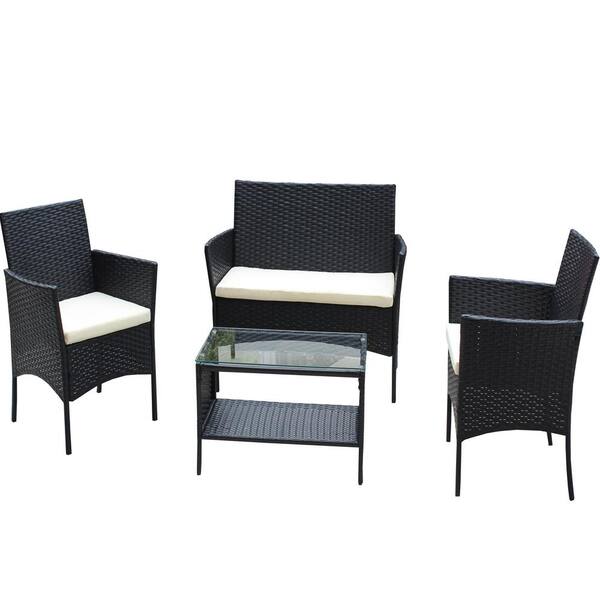 Unbranded 4-Piece Balck Outdoor Wicker Patio Conversation Set with Beige Cushions and Top Glass Table