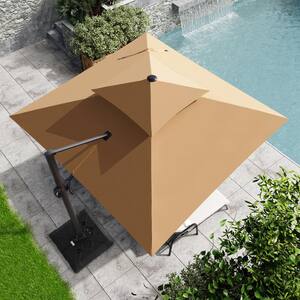 Double top 11 ft. x 11 ft. Rectangular Heavy-Duty Aluminum 360-Degree Rotation Cantilever Patio Umbrella in Tan