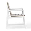 One outdoor dining chair with wood-look slats and white frame.