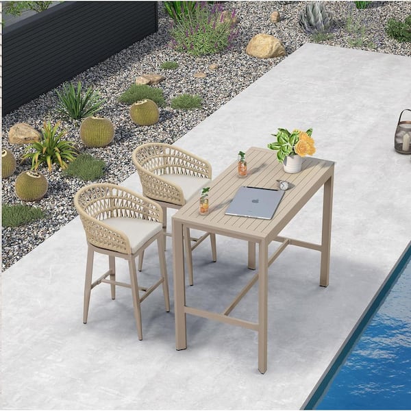 Modern Aluminum Bar Height Top Table and Rattan Outdoor Bar Stool Set with Beige Cushion (3-Pack)