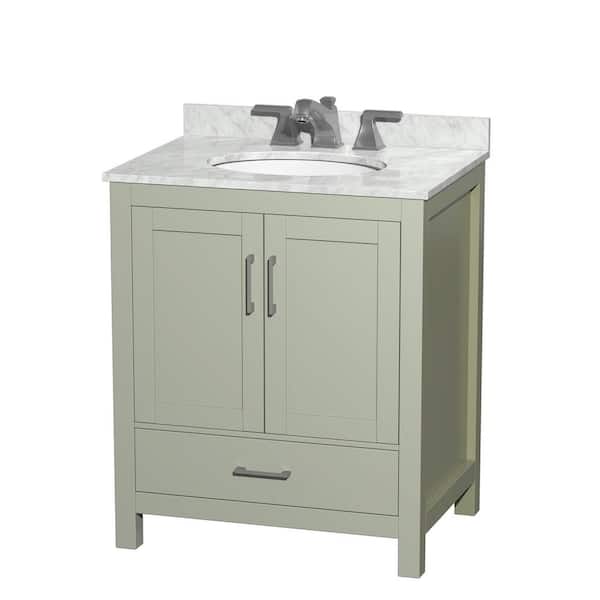 Wyndham Collection Sheffield 30 in. W x 22 in. D x 35.25 in . H Single Bath Vanity in Light Green with White Carrara Marble Top
