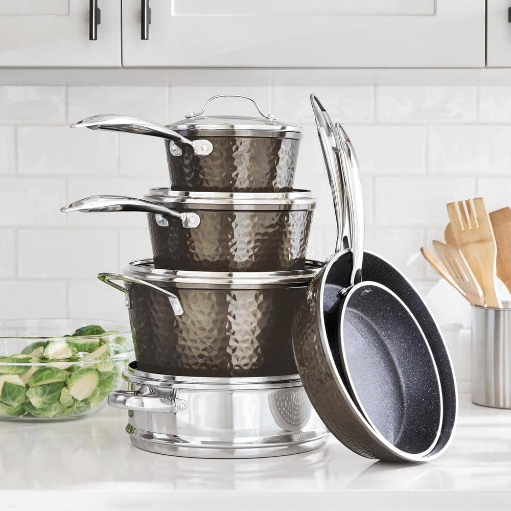 Black Hammered Aluminum Nonstick 10-Piece Cookware Set