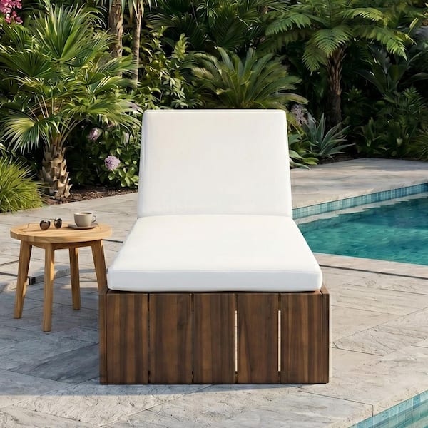 Mocha Wood Outdoor Adjustable Reclining Chaise Lounge Chair, Pool