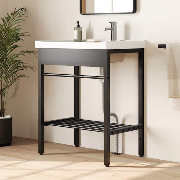 27 in. Ceramic White Rectangular Bathroom Console Sink with Black Legs and Overflow