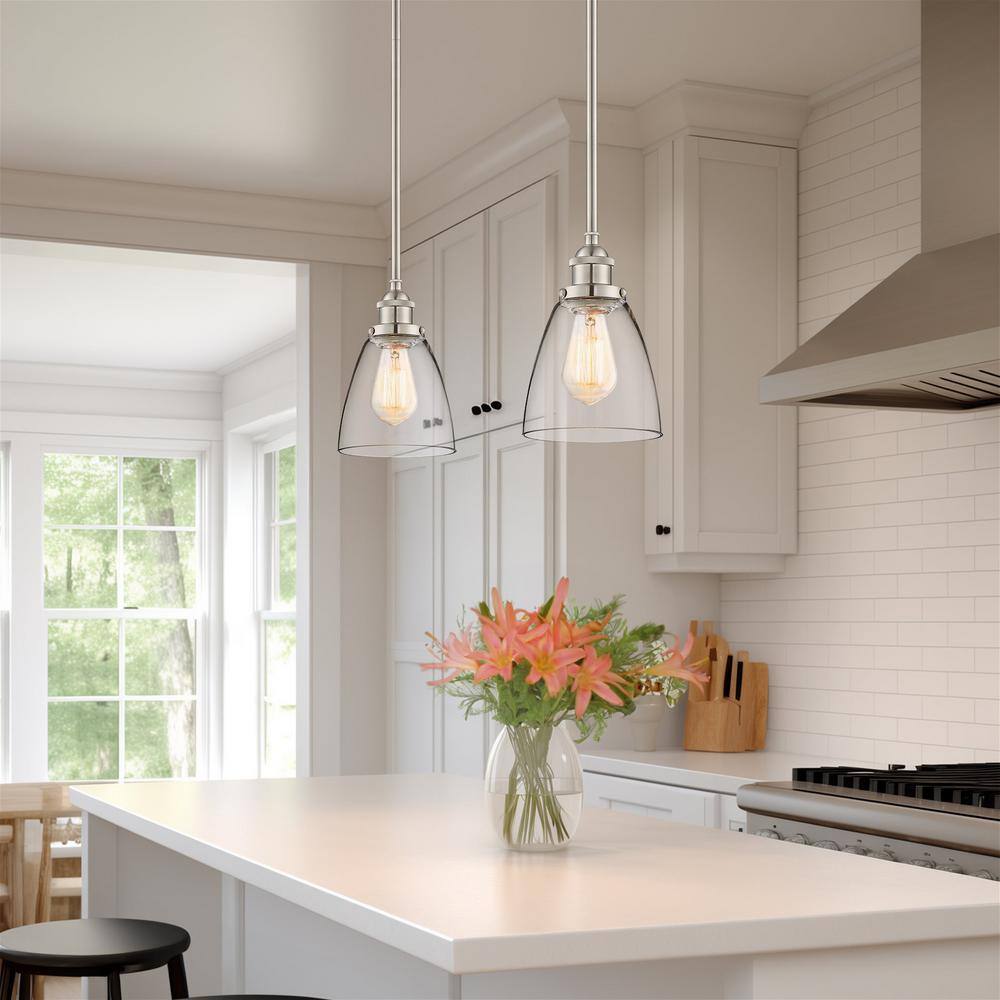Porter 8" Mini Industrial Pendant Light with Clear Glass Shade, Brushed Nickel
