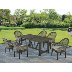 Richard Grey 7-Piece Acacia Wood Rectangle Standard Height Outdoor Dining Set with 6 Grey Cushion Wicker Chairs