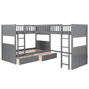 Gray L-Shaped Twin Size Triple Bunk Beds with 2 Drawers for 3 Kids, Wood Twin Size Bunk Bed with Attached Twin Loft Bed