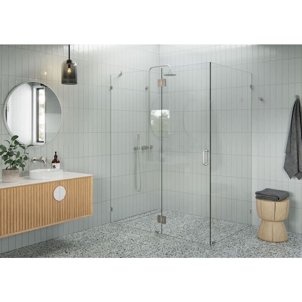 Glass Warehouse 60 in. W x 39 in. D x 78 in. H Pivot Frameless Corner Shower Enclosure in Brushed Nickel Finish with Clear Glass