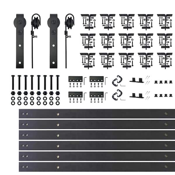 18 ft./216 in. Black Rustic Ceiling Mount Double Track Bypass Sliding Barn Door Track and Hardware Kit for Double Doors
