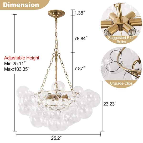Rviezza 6-Light Gold Chandelier with Clear Globe Glass, 25 Inch