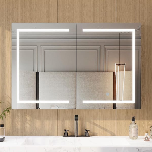 48 in. W x 32 in. H Rectangular Silver Aluminum Surface LED Light Medicine Cabinet with Mirror, Anti-Fog, Double Doors