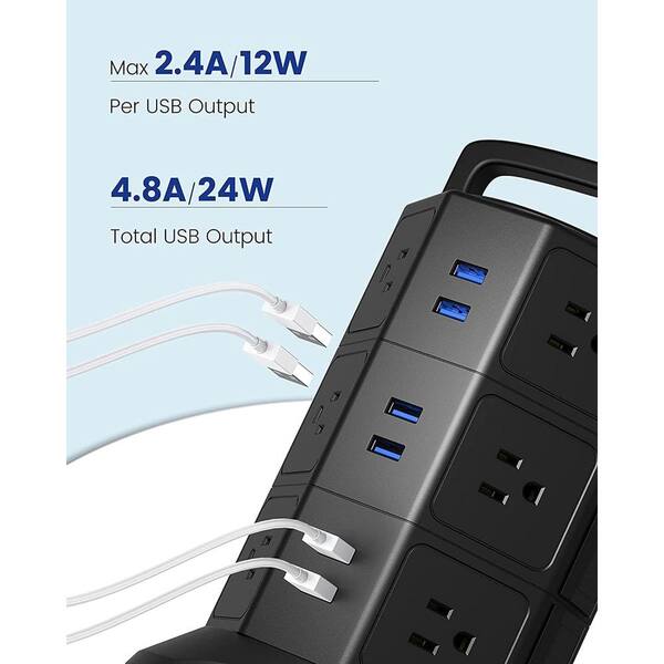 Etokfoks 6.5 ft. Heavy-Duty Extension Cord, Surge Protector Power Strip  Tower with 20 AC Outlets, 6 USB Ports - Black MLPH005LT309 - The Home Depot